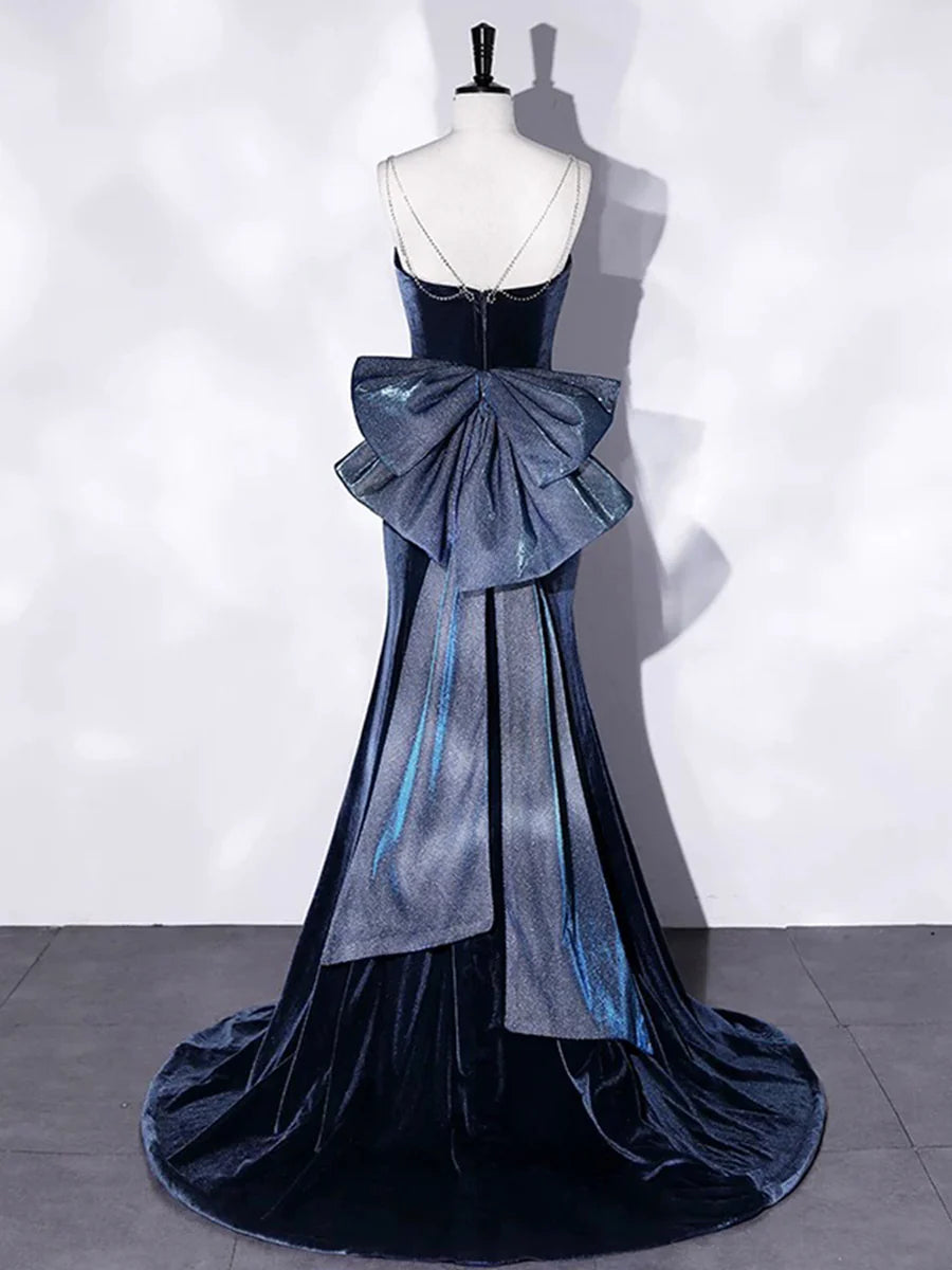 Mermaid Blue Velvet Spaghetti Strap Open Back Beaded Bow Long Prom Dress With Sweep Train