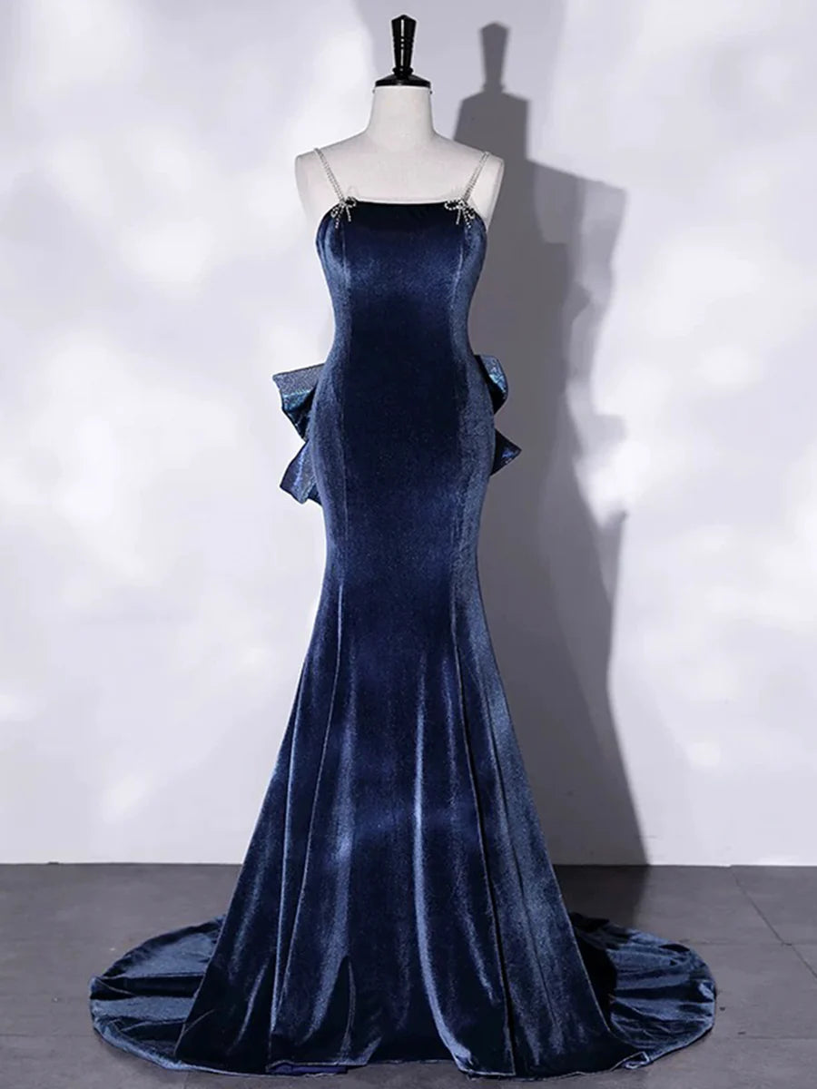 Mermaid Blue Velvet Spaghetti Strap Open Back Beaded Bow Long Prom Dress With Sweep Train