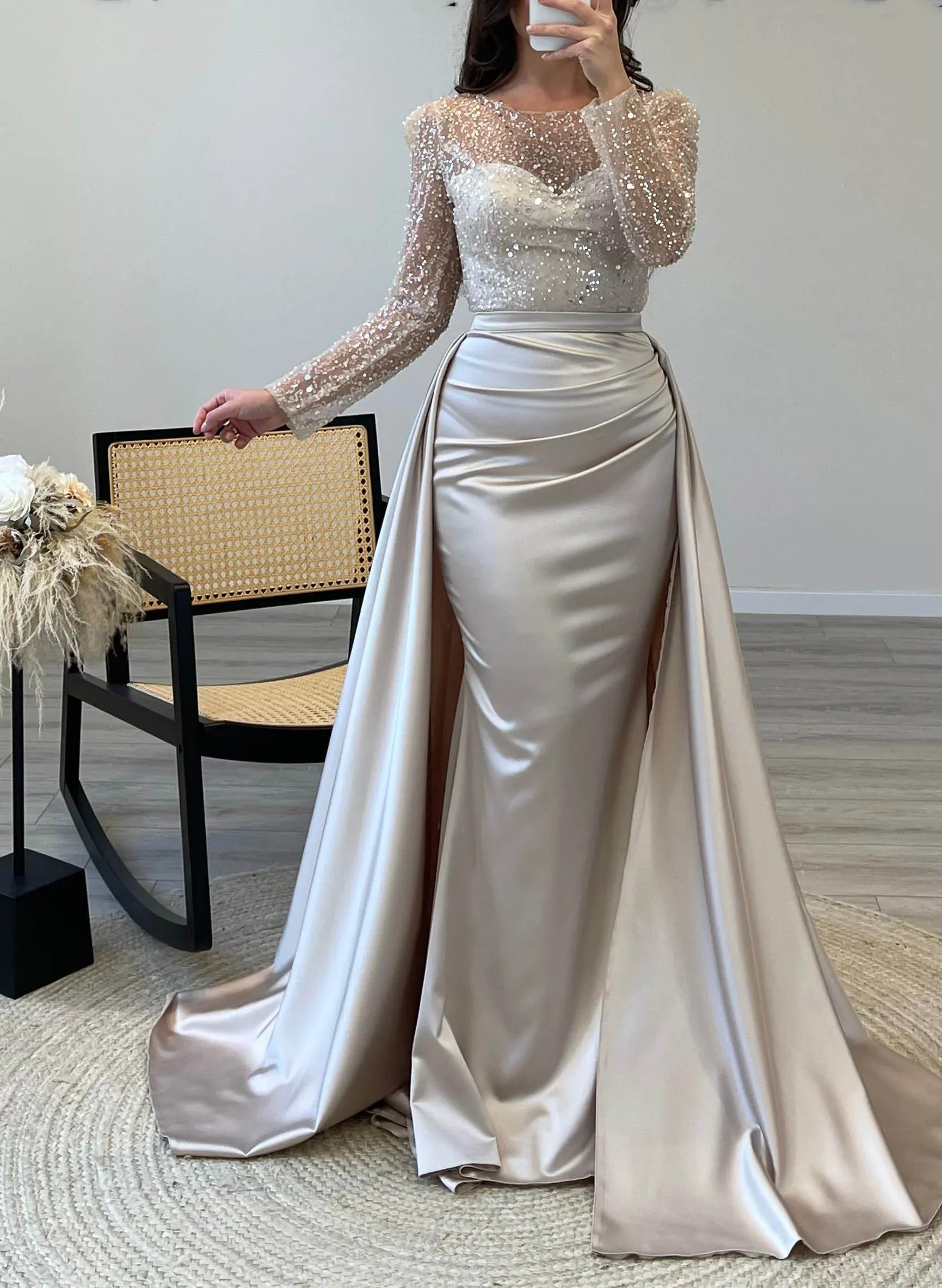 Mermaid Boat Neck Long Sleeve Sequin Satin Champagne Floor Length Prom Dress