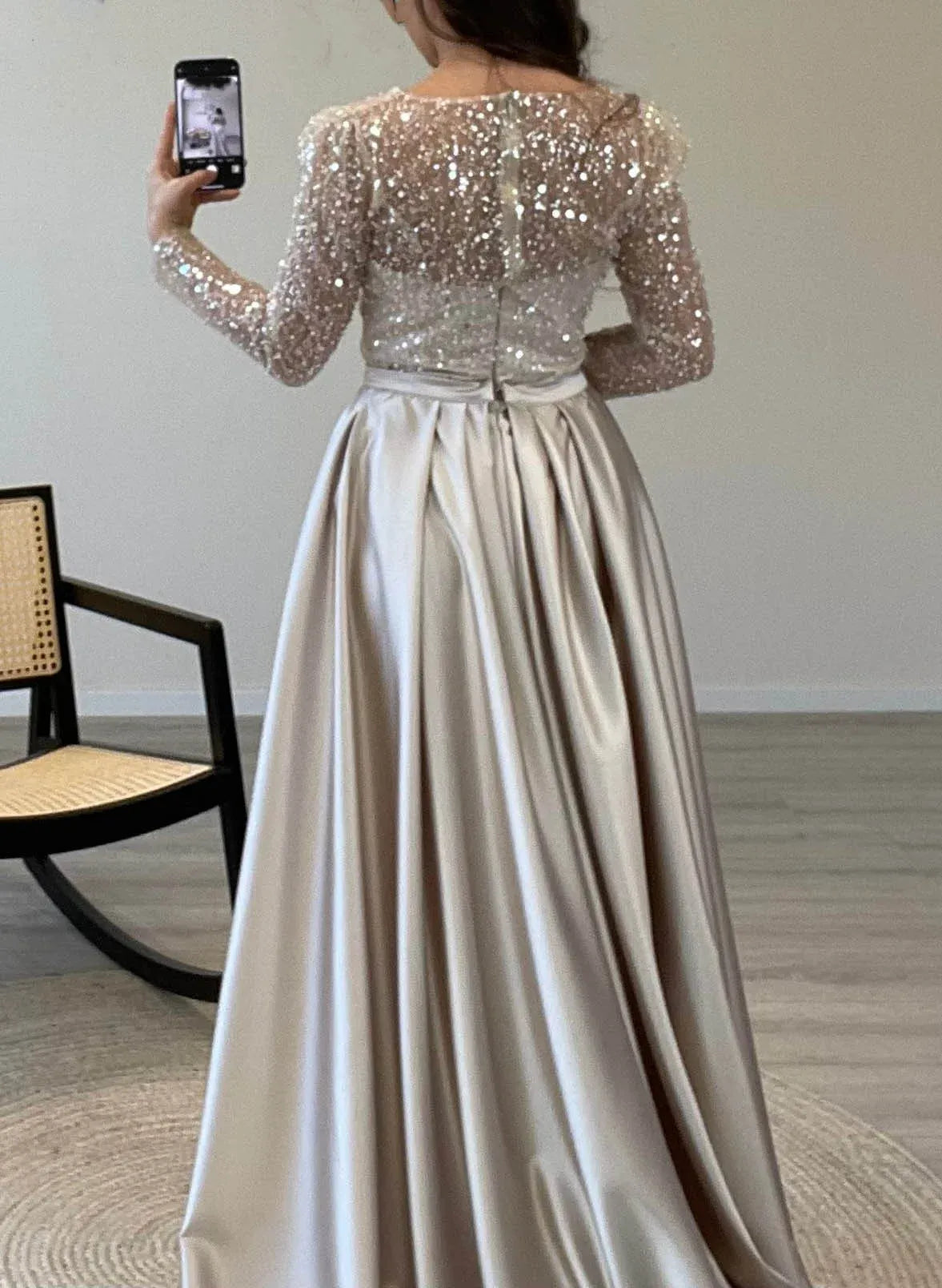 Mermaid Boat Neck Long Sleeve Sequin Satin Champagne Floor Length Prom Dress