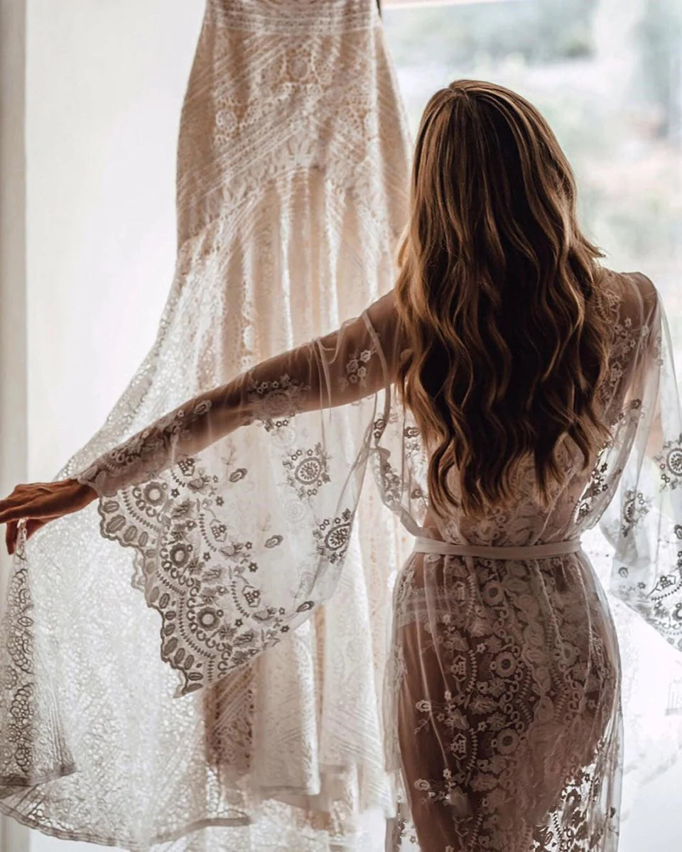 Mermaid Bohemian Ivory Lace Off-the-Shoulder Backless Beach Wedding Dresses With Sweep Train