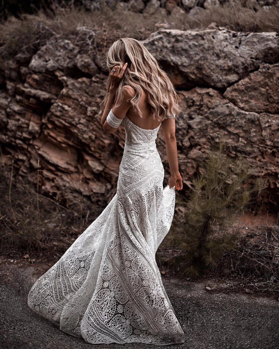 Mermaid Bohemian Ivory Lace Off-the-Shoulder Backless Beach Wedding Dresses With Sweep Train
