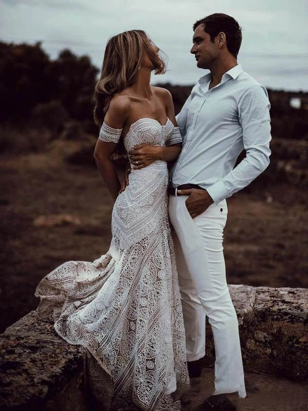 Mermaid Bohemian Ivory Lace Off-the-Shoulder Backless Beach Wedding Dresses With Sweep Train