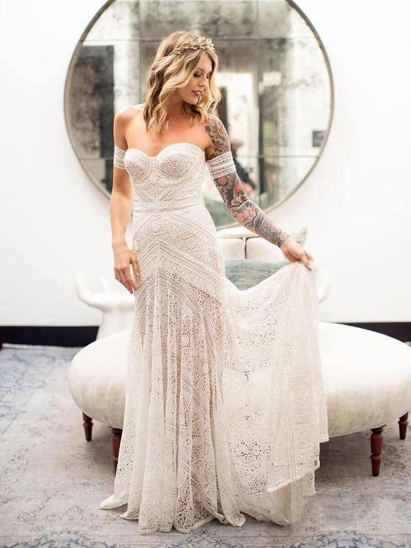 Mermaid Bohemian Ivory Lace Off-the-Shoulder Backless Beach Wedding Dresses With Sweep Train