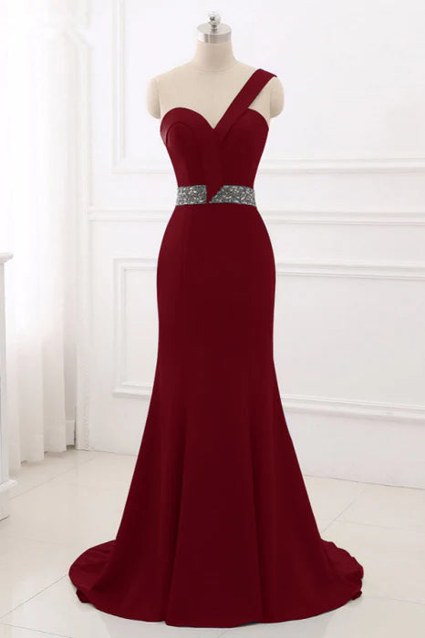 Mermaid Burgundy One-Shoulder Backless Beaded Long Prom Dress Discount Long Party Dress