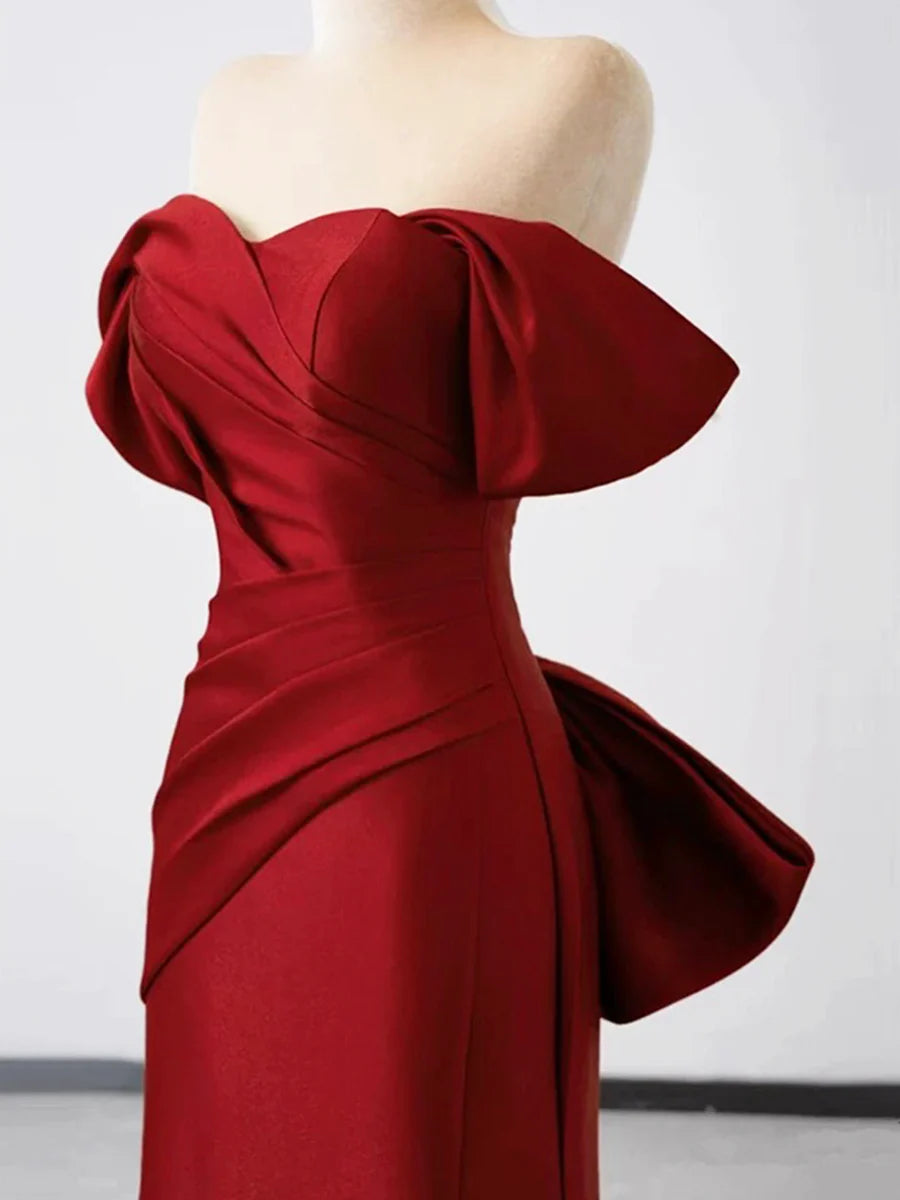 Mermaid Burgundy Satin Pleated Long Prom Dress Off Shoulder Floor Length Evening Party Dress
