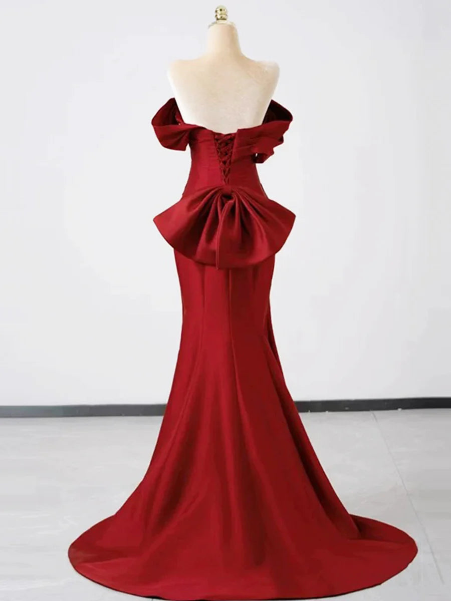 Mermaid Burgundy Satin Pleated Long Prom Dress Off Shoulder Floor Length Evening Party Dress