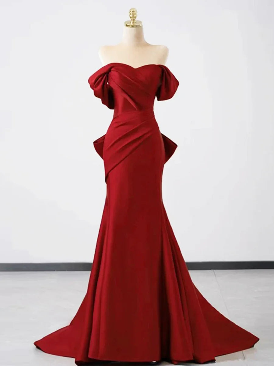Mermaid Burgundy Satin Pleated Long Prom Dress Off Shoulder Floor Length Evening Party Dress