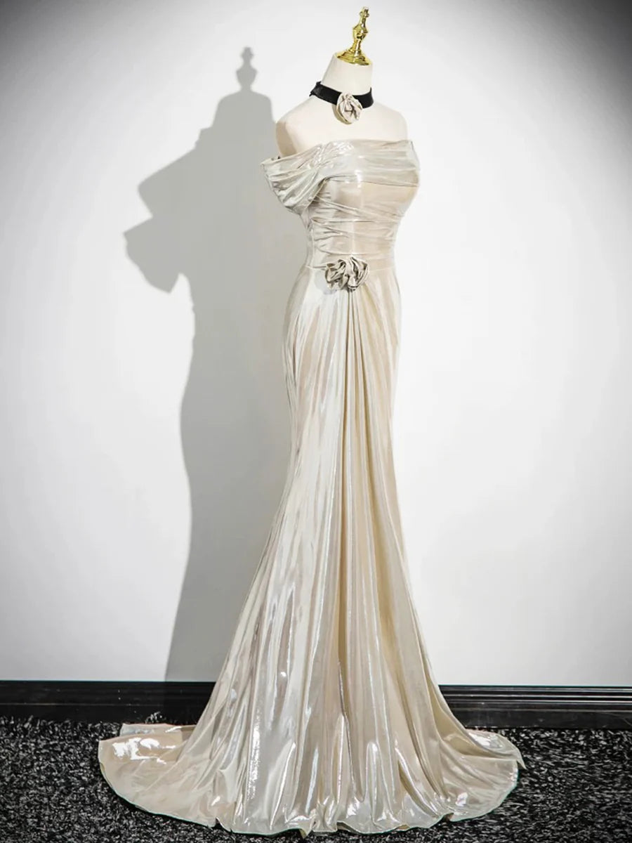 Mermaid Champagne Metallic Off the Shoulder Pleated Prom Dress Evening Party Dress With Short Train