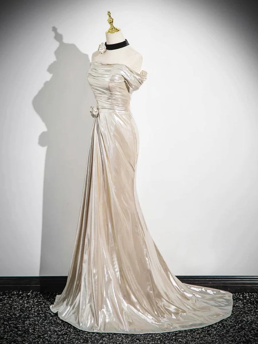 Mermaid Champagne Metallic Off the Shoulder Pleated Prom Dress Evening Party Dress With Short Train
