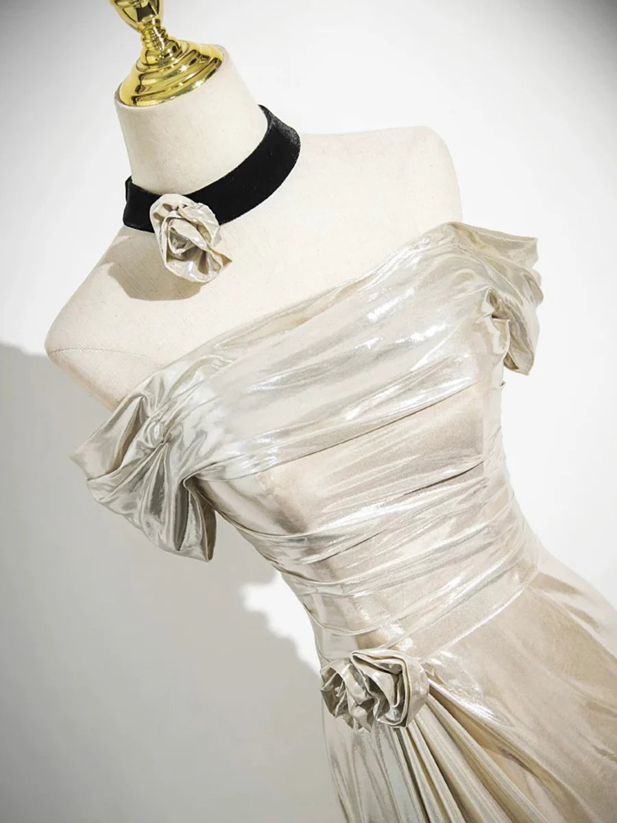 Mermaid Champagne Metallic Off the Shoulder Pleated Prom Dress Evening Party Dress With Short Train