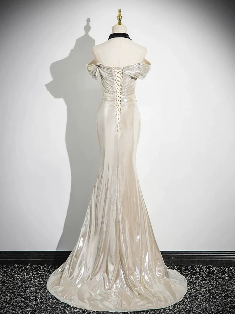 Mermaid Champagne Metallic Off the Shoulder Pleated Prom Dress Evening Party Dress With Short Train