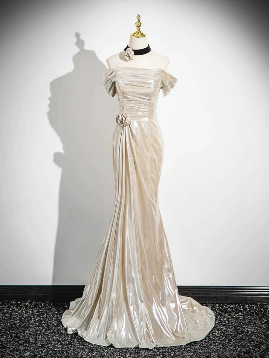 Mermaid Champagne Metallic Off the Shoulder Pleated Prom Dress Evening Party Dress With Short Train