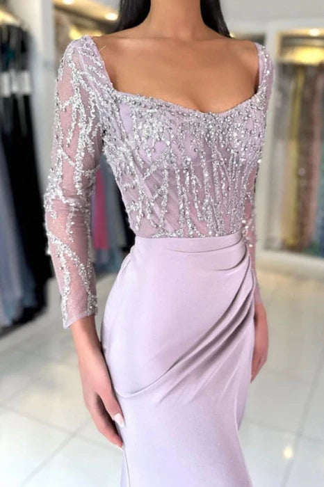Mermaid Charming Satin Lace Scoop Neck Long Sleeves Beaded Ruched Long Prom Dress