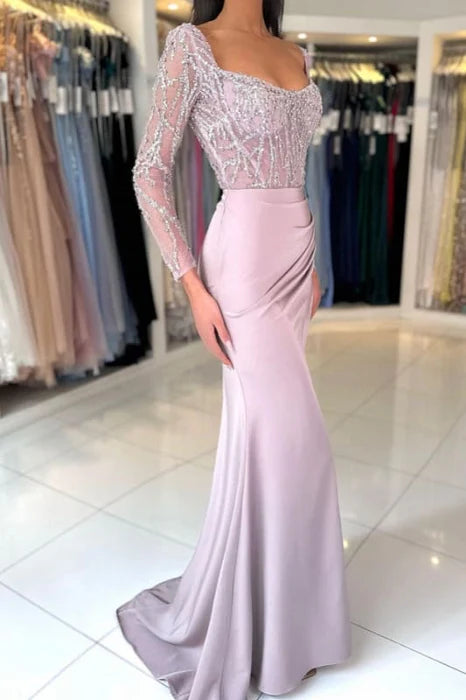 Mermaid Charming Satin Lace Scoop Neck Long Sleeves Beaded Ruched Long Prom Dress