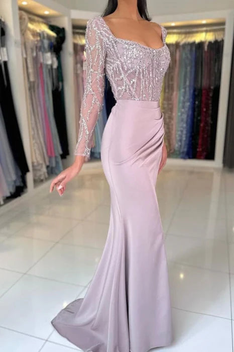 Mermaid Charming Satin Lace Scoop Neck Long Sleeves Beaded Ruched Long Prom Dress