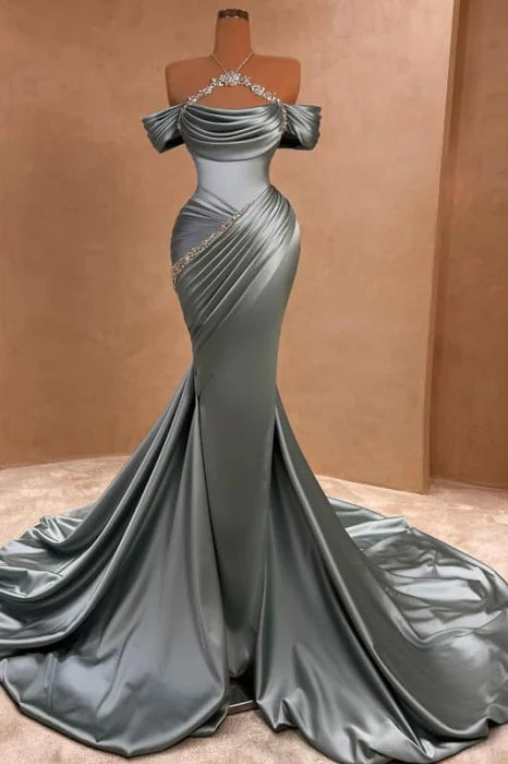 Mermaid Chic Satin Pleated Prom Dress Off-the-Shoulder Beadings Long Party Gown With Sweep Train
