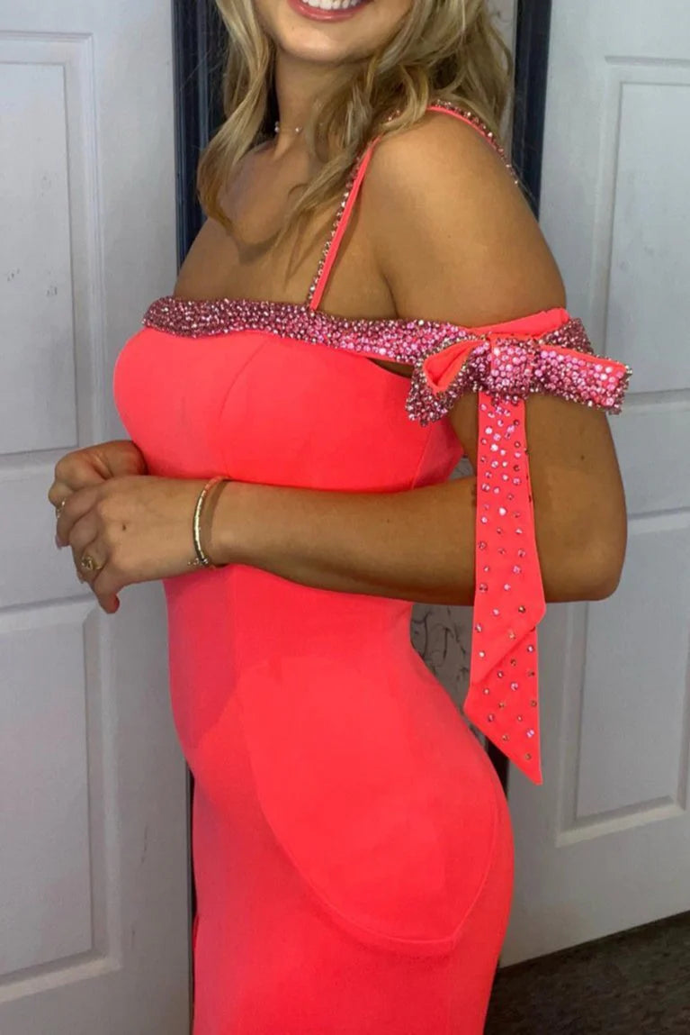 Mermaid Coral Satin One Shoulder Beaded Slit Sweep Train Long Prom Dress With Slit Discount Long Party Dresses