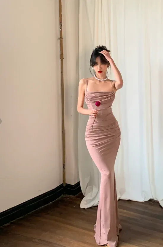 Mermaid Cowl Neck Spaghetti Strap Corset Ruched Dusty Pink Long Prom Dress
