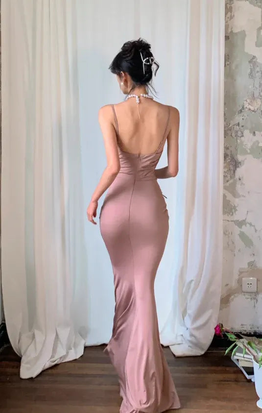 Mermaid Cowl Neck Spaghetti Strap Corset Ruched Dusty Pink Long Prom Dress