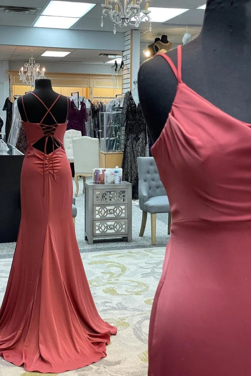 Mermaid Cowl Neck Spaghetti Straps Satin Rust Floor Length Evening Dress