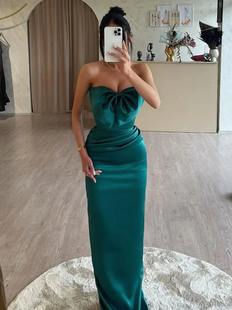 Mermaid Dark Green Satin Sweetheart Pleated Long Prom Dresses With Bow Budget Party Dresses