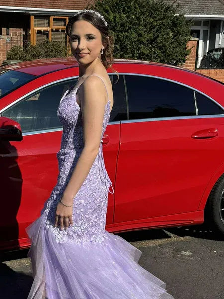 Mermaid Deep V-Neck Sequins Applique Lace Tulle Lavender Long Prom Dress