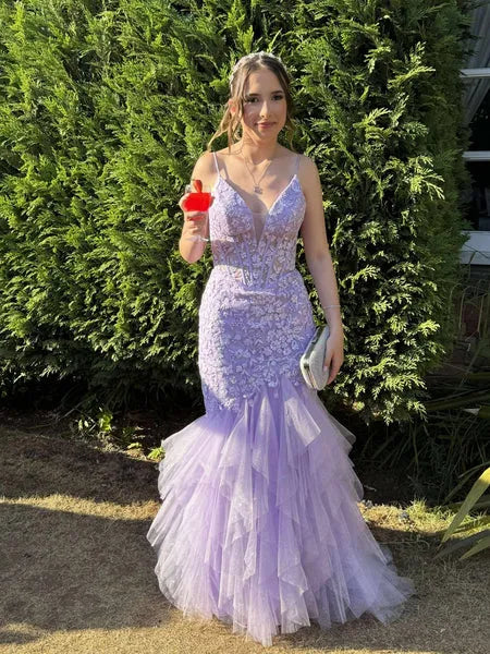 Mermaid Deep V-Neck Sequins Applique Lace Tulle Lavender Long Prom Dress