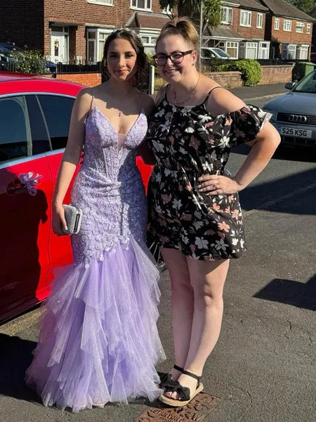 Mermaid Deep V-Neck Sequins Applique Lace Tulle Lavender Long Prom Dress