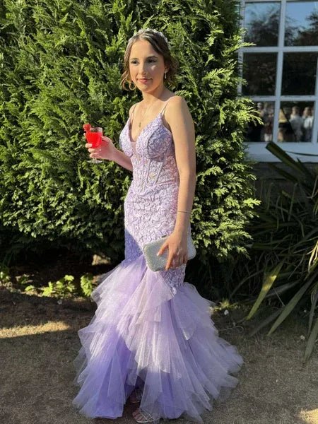 Mermaid Deep V-Neck Sequins Applique Lace Tulle Lavender Long Prom Dress