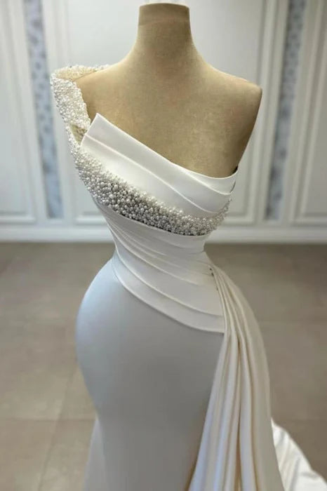 Mermaid Delicate Satin One-Shoulder Beaded Sleeveless Backless Ruched Wedding Dress