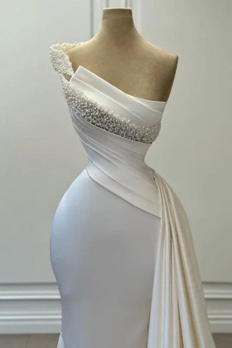 Mermaid Delicate Satin One-Shoulder Beaded Sleeveless Backless Ruched Wedding Dress