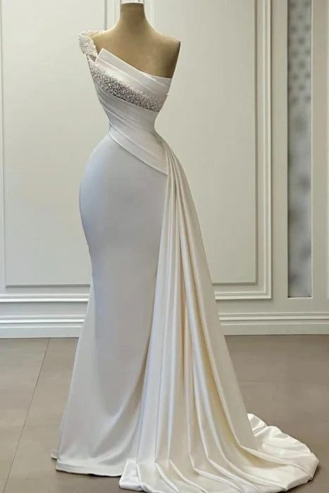 Mermaid Delicate Satin One-Shoulder Beaded Sleeveless Backless Ruched Wedding Dress