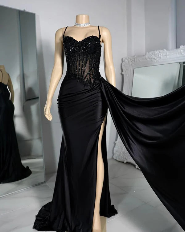 Mermaid Elegant Black Satin Spaghetti Straps Slit Long Prom Dresses Party Dress Graduation Dresses