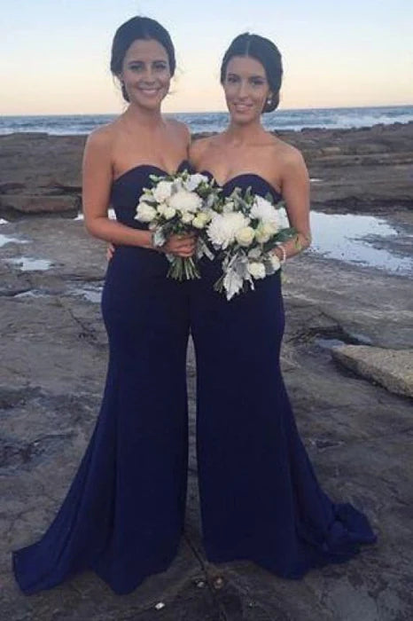 Mermaid Elegant Navy Blue Sweetheart Strapless Pleated Bridesmaid Dress With Train