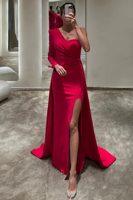 Mermaid Elegant Red One-Shoulder Front Split Long Sleeves Prom Dress With Cape Elegant Red Dresses