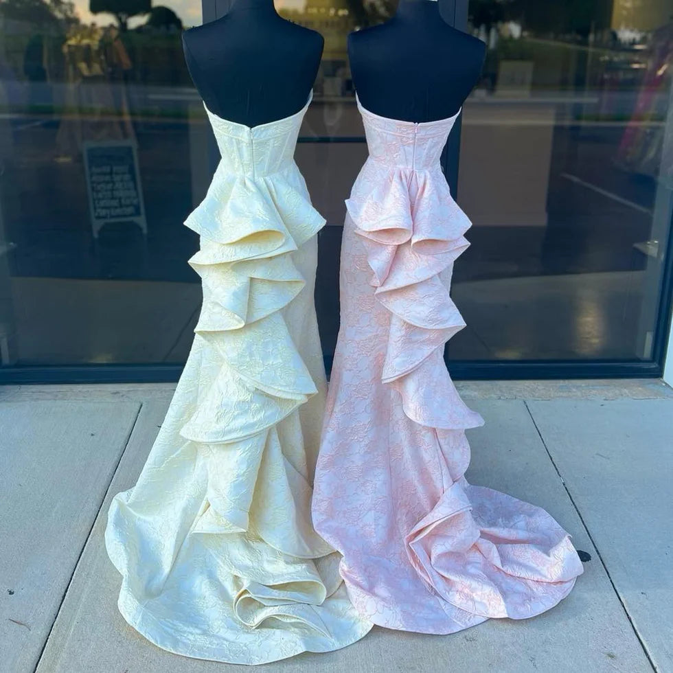 Mermaid Floral Printed Strapless Ruffle Slit Prom Dress With Sweep Train Budget Floral Printed Party Dresses