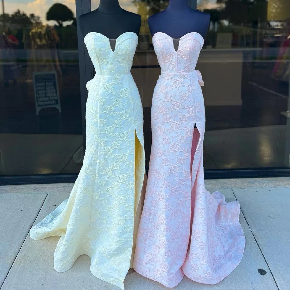 Mermaid Floral Printed Strapless Ruffle Slit Prom Dress With Sweep Train Budget Floral Printed Party Dresses