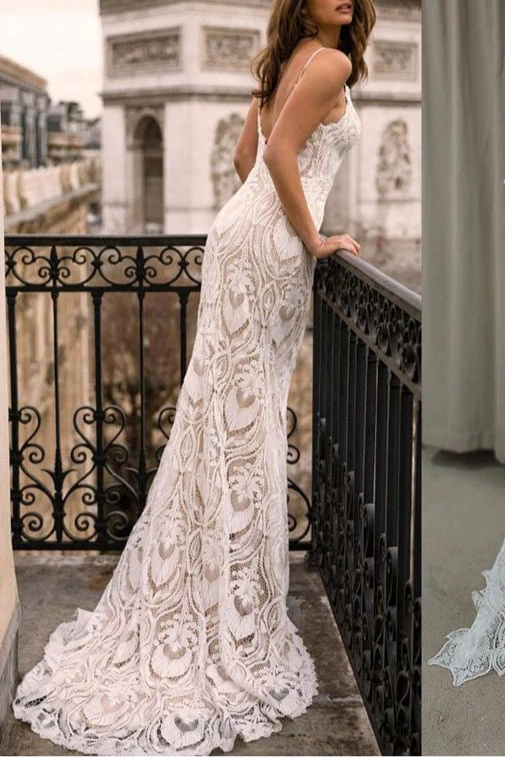 Mermaid Gorgeous Bohemian Ivory Lace Appliques Spaghetti Straps Floor length Wedding Dresses