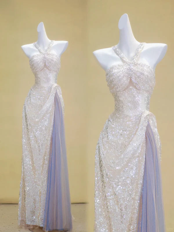 Mermaid Gorgeous Pink Sequin Halter Slit Long Prom Dress Discount Long Party Dresses Graduation Dresses With Beaded