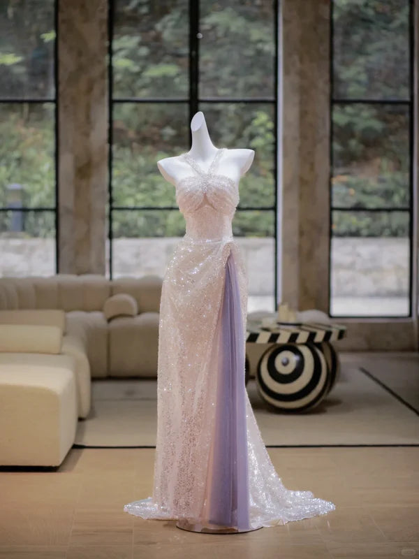 Mermaid Gorgeous Pink Sequin Halter Slit Long Prom Dress Discount Long Party Dresses Graduation Dresses With Beaded