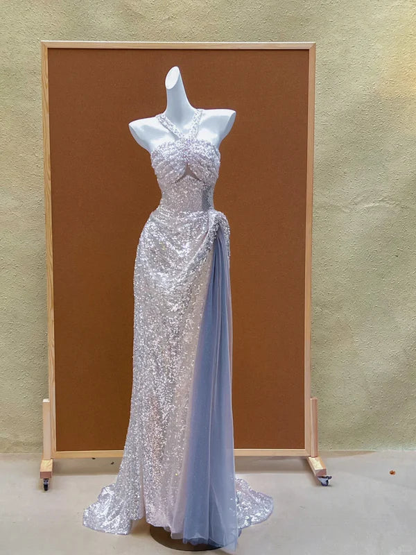 Mermaid Gorgeous Silver Sequin Halter Slit Long Prom Dress Discount Long Party Dresses Graduation Dresses With Beaded