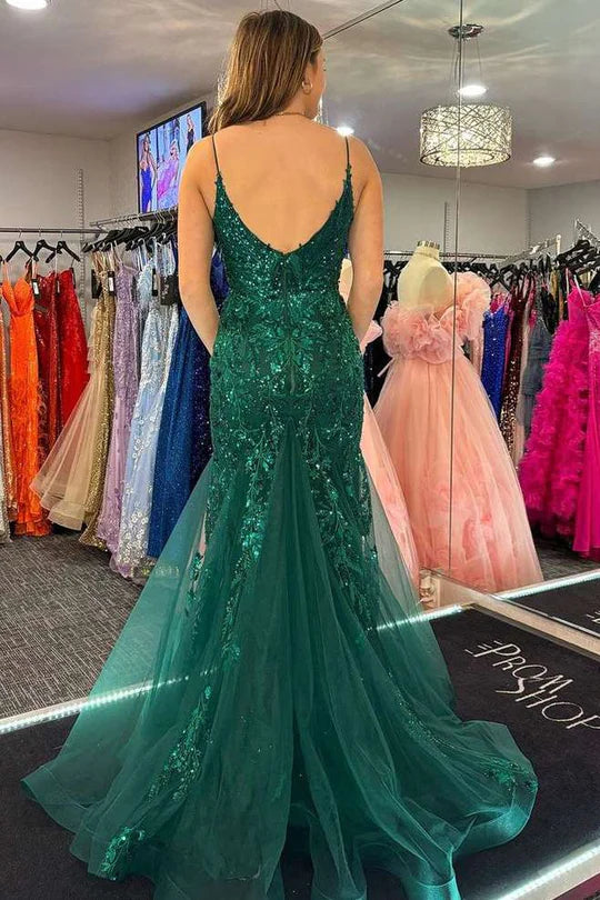 Mermaid Green Spaghetti Straps Lace Appliques Long Prom Dress