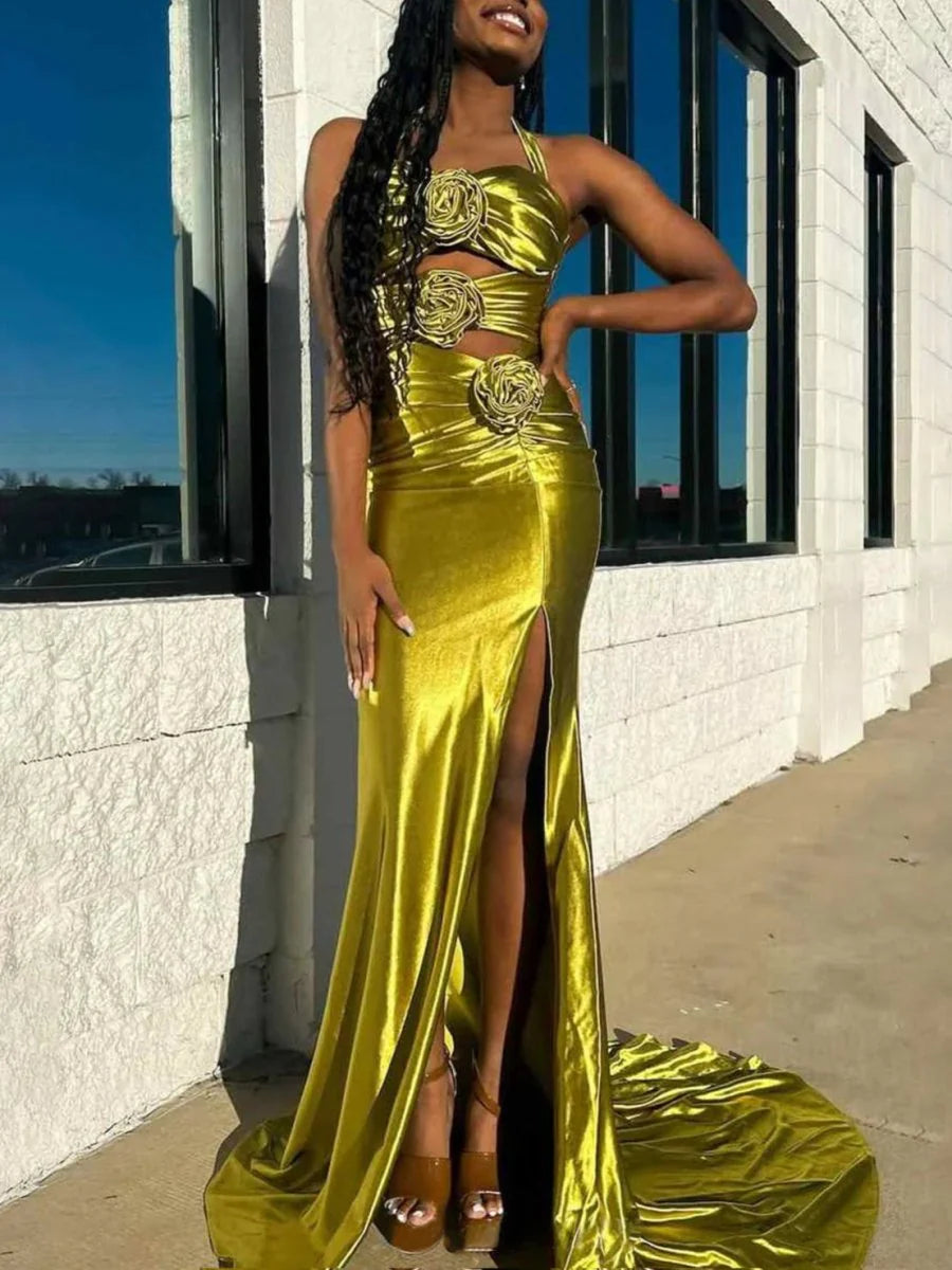 Mermaid Halter Applique Cut Out Slit Fuchsia Prom Dress With Train