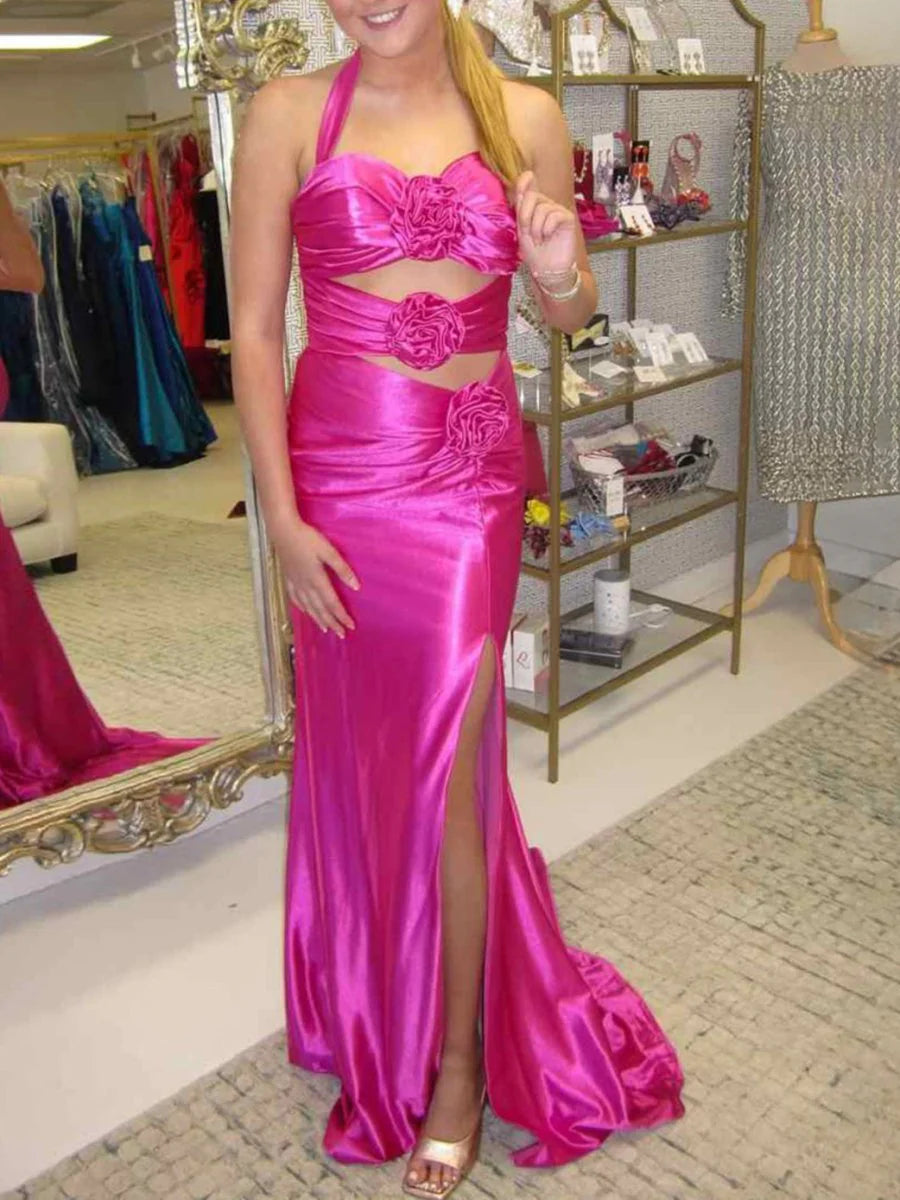 Mermaid Halter Applique Cut Out Slit Fuchsia Prom Dress With Train