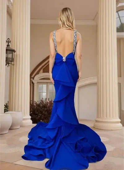 Mermaid Halter Beaded Bow Open Back Royal Blue Prom Dress With Sweep Train