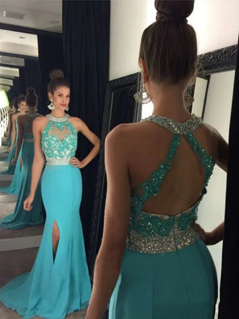 Mermaid Halter Beaded Lace Chiffon Turquoise Train Prom Dress Custom
