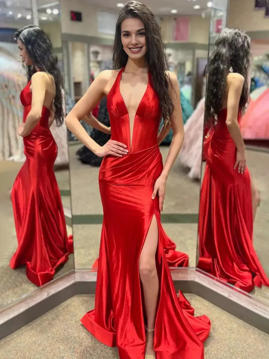 Mermaid Halter Deep V-neck Corset Ruched Black Long Prom Dress