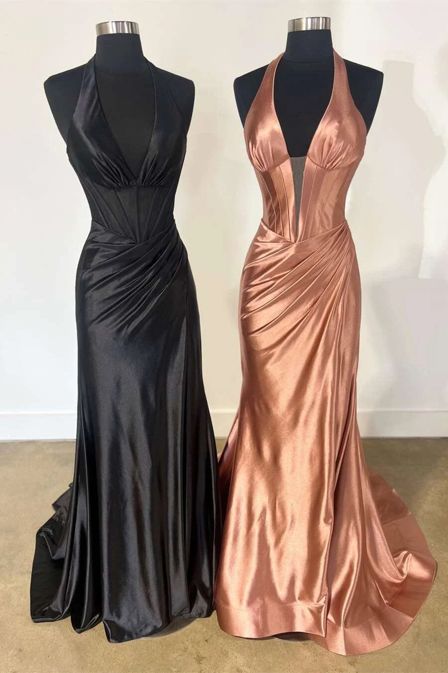 Mermaid Halter Deep V-neck Corset Ruched Black Long Prom Dress