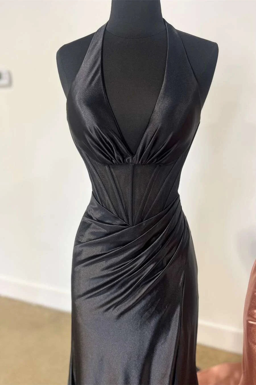 Mermaid Halter Deep V-neck Corset Ruched Black Long Prom Dress